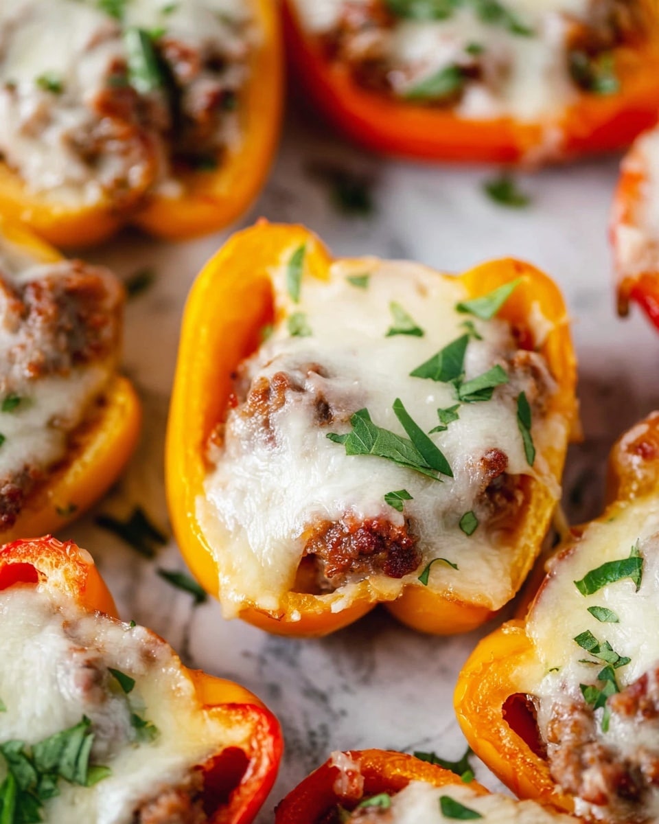 The image shows several mini stuffed bell peppers placed closely together on a white marbled surface. Each pepper is halved lengthwise, filled with a layer of ground meat that looks cooked and slightly crumbly, topped with a melted layer of white cheese that appears soft and gooey. The peppers are mainly orange and red, with some green stem tips visible. Fresh green herbs are sprinkled lightly over the peppers, adding a touch of color contrast. The texture of the cheese is smooth and slightly shiny, while the meat looks moist and tender. photo taken with an iphone --ar 4:5 --v 7