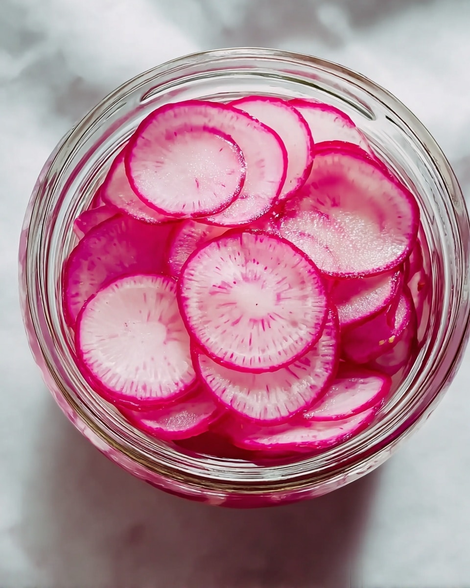 A close-up top view of a glass jar filled with thin, translucent pink and white radish slices. The radish slices are layered unevenly, some overlapping each other, creating a light texture of circles with darker pink edges. The jar sits on a white marbled surface with soft shadows around it, highlighting the bright and fresh colors of the radishes. photo taken with an iphone --ar 4:5 --v 7