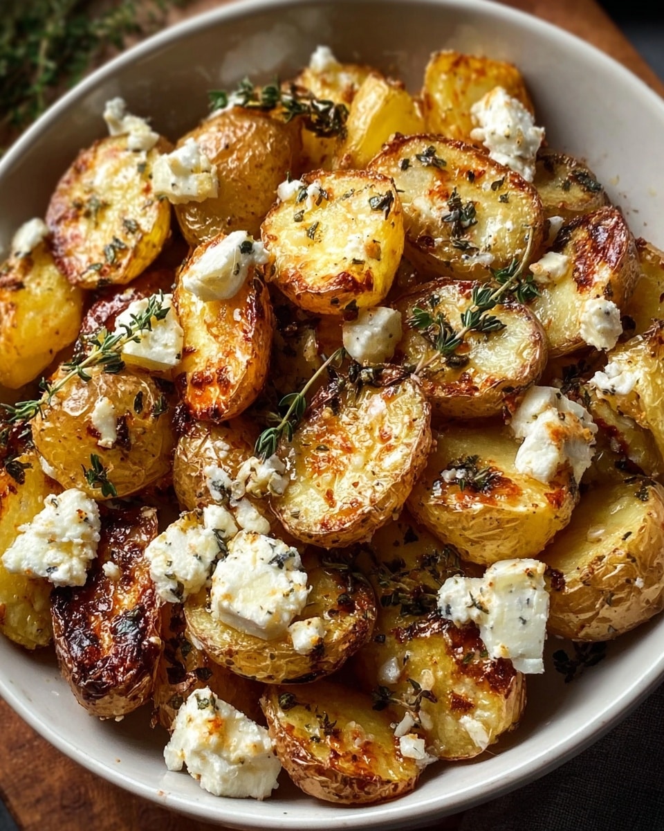 A white bowl filled with roasted golden potato halves that have a slightly crispy, browned texture on the edges, topped with small chunks of white, creamy cheese scattered evenly throughout. Fresh green sprigs of thyme are interspersed among the potatoes and cheese, adding a touch of color and freshness. The overall look is warm and inviting, with a rustic, homemade feel. The photo taken with an iphone --ar 4:5 --v 7