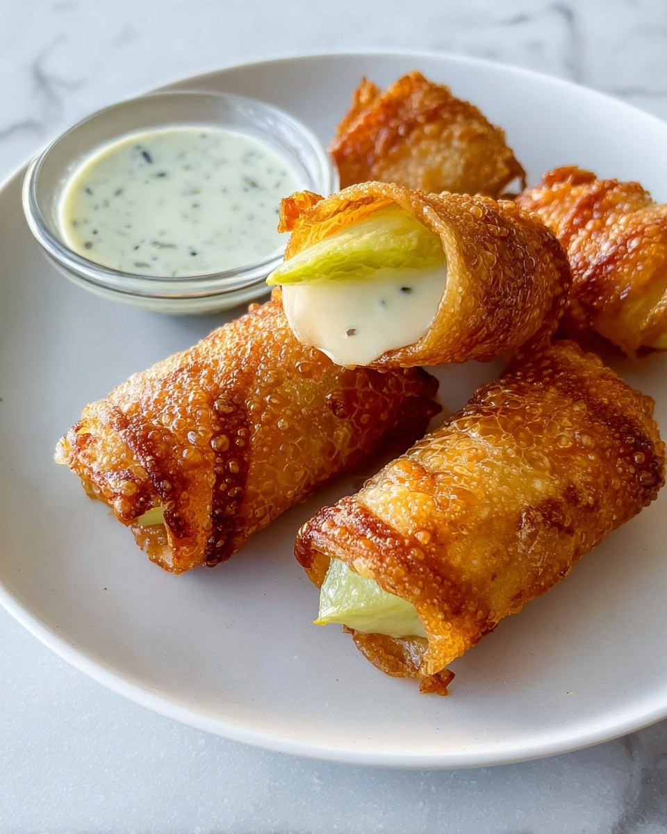 Four crispy, golden brown fried rolls sit on a white plate, each roll cylindrical with a crinkly, bubbly texture and a slightly oily shine. Inside each roll is a light green pickle strip that sticks out from one open end, revealing a creamy light beige filling around it. A small clear glass bowl on the left contains a pale greenish-white dipping sauce speckled with small black herbs. The plate rests on a smooth white marbled surface. Photo taken with an iphone --ar 4:5 --v 7