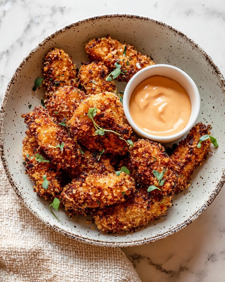 A white speckled bowl filled with a single layer of crispy, golden brown fried items, each piece coated in a coarse, crunchy breading with some darker toasted spots, garnished with small, scattered green herb leaves. On the right inside edge of the bowl, there is a small white dipping cup filled with a smooth, light orange creamy sauce. The bowl is placed on a white marbled surface with a corner of a light beige textured cloth visible at the bottom. photo taken with an iphone --ar 4:5 --v 7