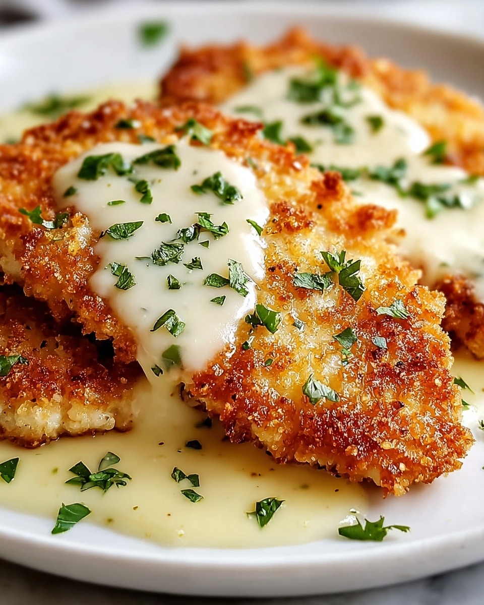 A close-up of two golden brown, breaded chicken cutlets on a white plate, each piece has crispy edges and is topped with a glossy, creamy white sauce that slightly drips down, garnished with finely chopped green herbs scattered on top and around the plate. The texture of the chicken shows a crunchy crust with a soft inside. The white plate rests on a white marbled surface. photo taken with an iphone --ar 4:5 --v 7