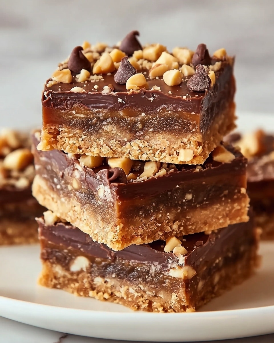 A stack of three square chocolate nut bars sits on a white plate with a white marbled background. Each bar has three layers: the bottom layer is a light brown crumbly crust, the middle layer is a thick dark brown chocolate and nut filling with visible small nut pieces, and the top layer is a rich glossy chocolate topped with chopped light brown nuts and small chocolate chips. The bars have a slightly rough texture on the sides where the layers meet, showing the dense filling inside. photo taken with an iphone --ar 4:5 --v 7