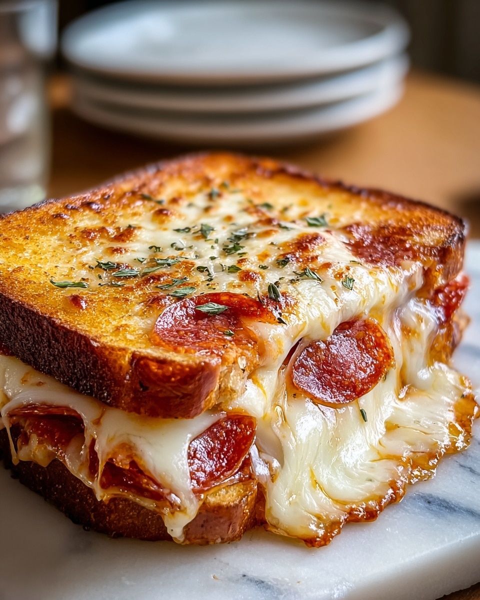 A close-up image of a thick, square slice of toasted sandwich on a white marbled surface; it has three visible layers: the top layer is golden-brown melted cheese with small browned spots and sprinkled herbs, the middle layer shows shiny, thin pepperoni slices, and the bottom layer displays gooey, melted mozzarella cheese stretching slightly down the side, all held together by two pieces of toasted, golden-brown bread with crispy edges; the background is softly blurred with a stack of white plates and a glass visible. photo taken with an iphone --ar 4:5 --v 7