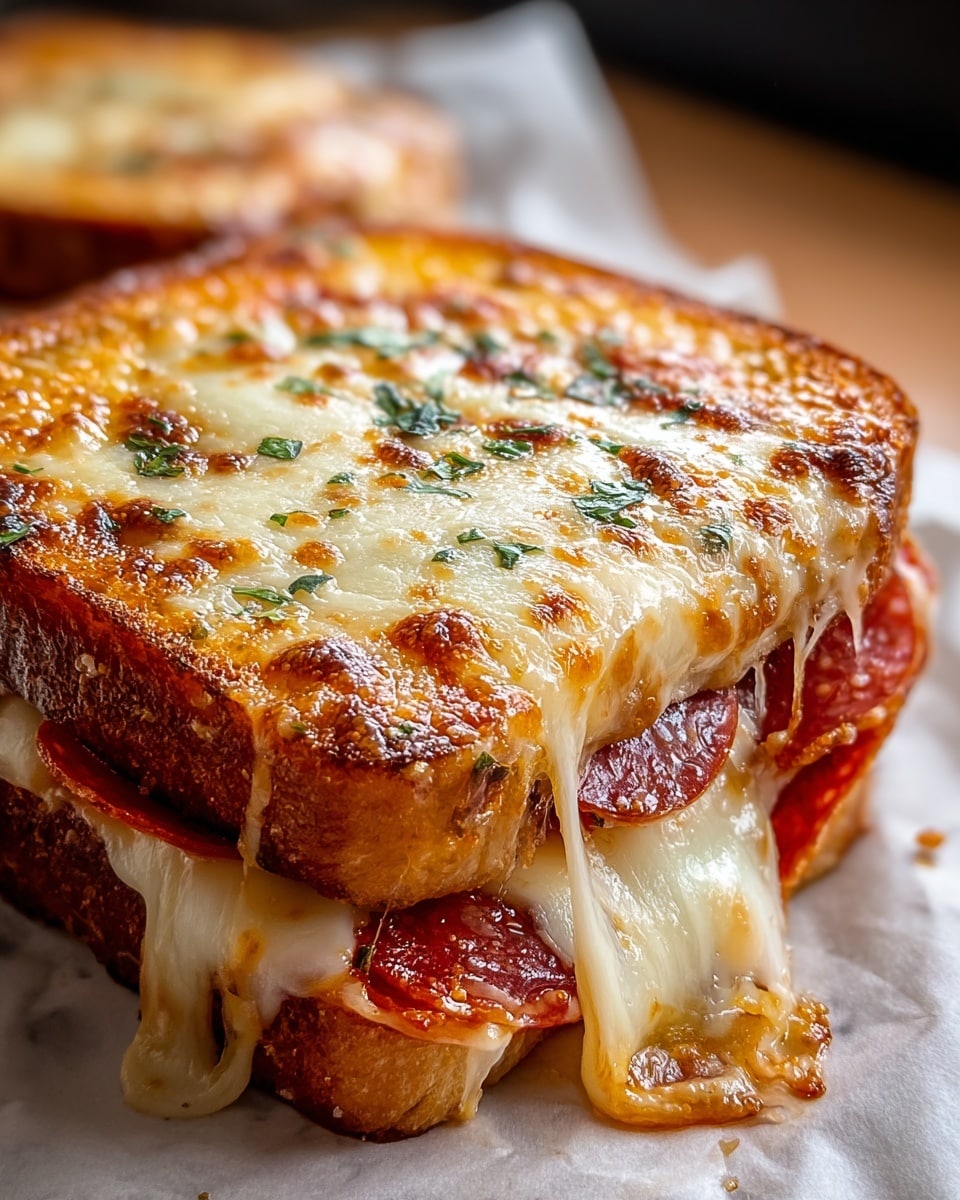 A close-up view of a thick, square sandwich with two layers of golden toasted bread holding melted mozzarella cheese stretching out on the bottom edge, and a layer of red pepperoni slices beneath the top layer. The top bread is covered with melted, bubbly cheese, browned in spots with small green herb sprinkles scattered across it. The sandwich rests on parchment paper on a white marbled surface, showing the gooey cheese pull and juicy texture of the pepperoni inside. Photo taken with an iphone --ar 4:5 --v 7