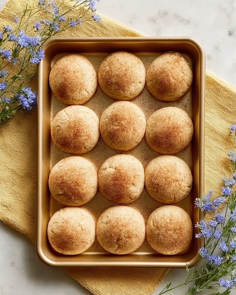 A golden baking tray holds twelve round, soft-looking cookies arranged neatly in three rows of four, each cookie covered evenly with a light dusting of cinnamon sugar specks, giving them a slightly textured surface. The tray rests on a yellow cloth that adds a warm tone to the image, with delicate small blue flowers placed at the top left corner and the bottom right corner of the tray, enhancing the fresh and cozy feel. Everything is set against a clean white marbled texture surface, creating a bright and inviting background. Photo taken with an iphone --ar 4:5 --v 7