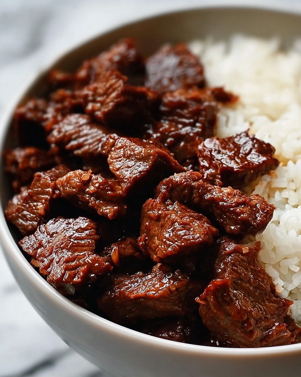 A close-up image of a bowl with two clear layers: the bottom layer is white rice with a soft texture and the top layer is made up of many small, glossy, dark brown cooked beef cubes that look juicy and tender, filling most of the bowl. The bowl is white, and the background is a white marbled texture. photo taken with an iphone --ar 4:5 --v 7