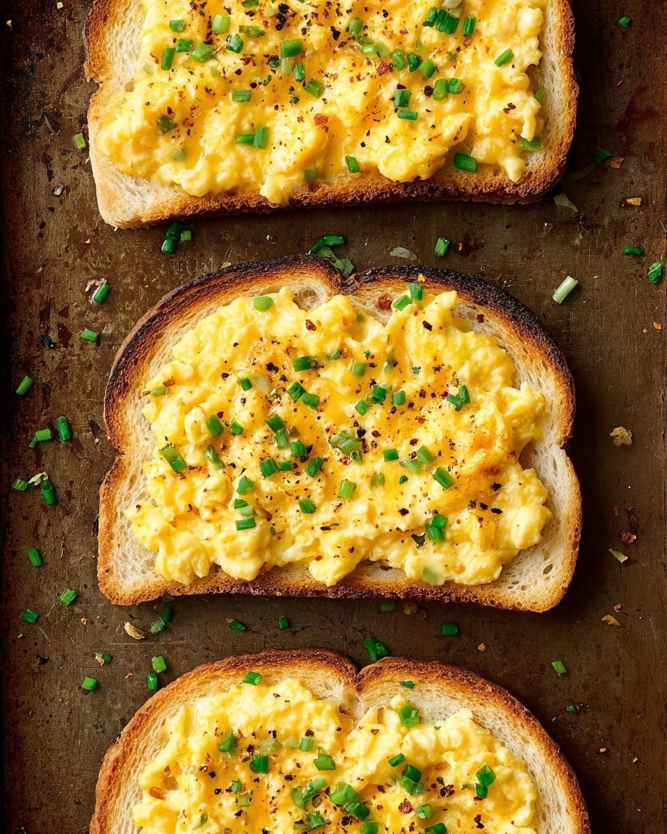 Three slices of toasted bread are shown from above on a brown baking tray. Each slice has one layer of melted yellow cheese mixed with scrambled eggs that look soft and creamy, spread evenly over the bread. Small pieces of chopped green chives are sprinkled on top along with tiny specks of black pepper, adding green and dark contrast. The edges of the toast are golden brown and crispy, and some chives and pepper bits are scattered around the tray. The photo taken with an iphone --ar 4:5 --v 7