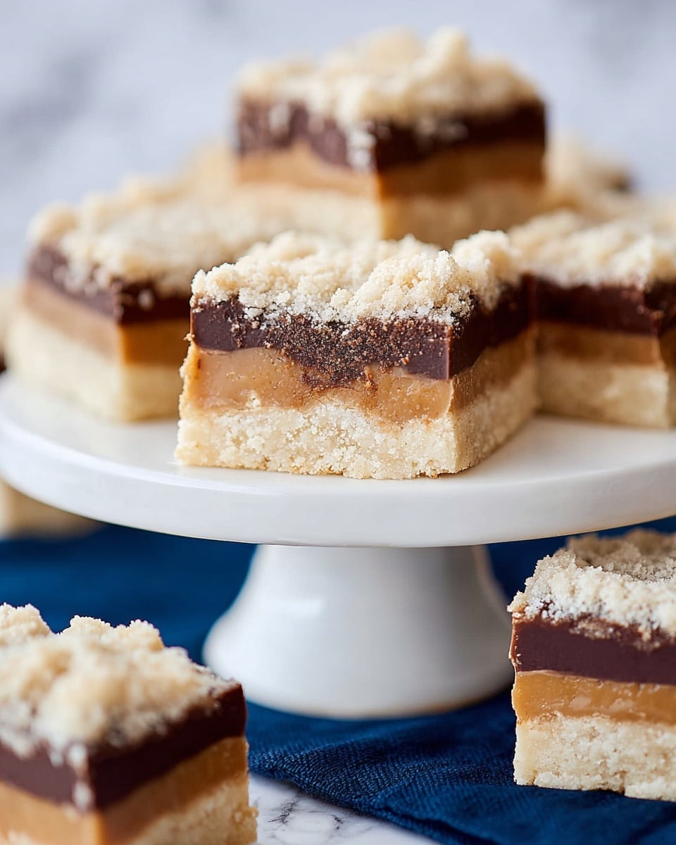 The image shows a square dessert bar with three clear layers, placed on a small white cake stand with a rounded base, set against a white marbled texture. The bottom layer is a light beige color with a firm, crumbly texture. The middle layer is a smooth, golden caramel that contrasts with the top layer, which is a rich, thick dark chocolate, slightly uneven along the edge where it meets the caramel. The top layer is topped with a pale crumbly streusel that is uneven and textured. Around the stand, there are more of these square bars arranged on a dark blue cloth, highlighting the contrast with the white marbled background. photo taken with an iphone --ar 4:5 --v 7