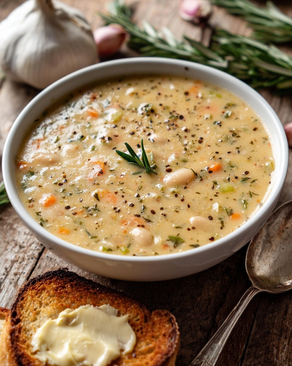 A white cup filled with a creamy light brown soup, topped with a roasted garlic bulb in the center, sprinkled with small green herb bits and grated cheese. A silver spoon with an ornate handle rests inside the cup. Behind the cup are two slices of toasted bread with a golden-brown crust and grill marks, placed on a white marbled surface. Some sprigs of green rosemary and scattered coarse salt add detail near the cup and spoon. Photo taken with an iphone --ar 4:5 --v 7