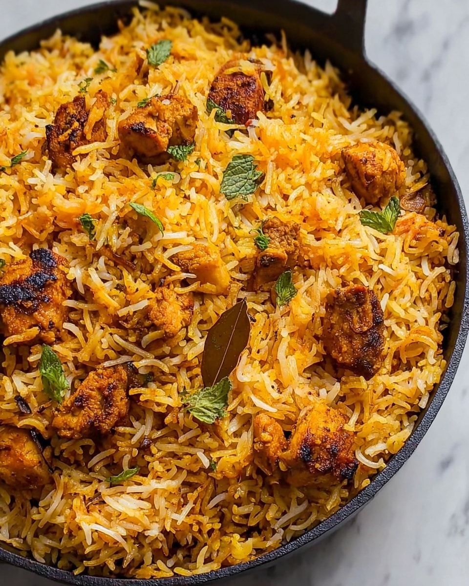 A close-up view of a black cast iron pan filled with cooked biryani rice, featuring fluffy, long grains of yellow-orange rice mixed with chunks of browned, spiced chicken scattered throughout. The dish is garnished with small green herb leaves and a few brown bay leaves, adding color contrast. The texture of the rice appears soft and slightly oily, with the chicken pieces having a charred surface showing a rich golden-brown tone. The pan rests on a white marbled surface, enhancing the warm colors of the biryani. photo taken with an iphone --ar 4:5 --v 7