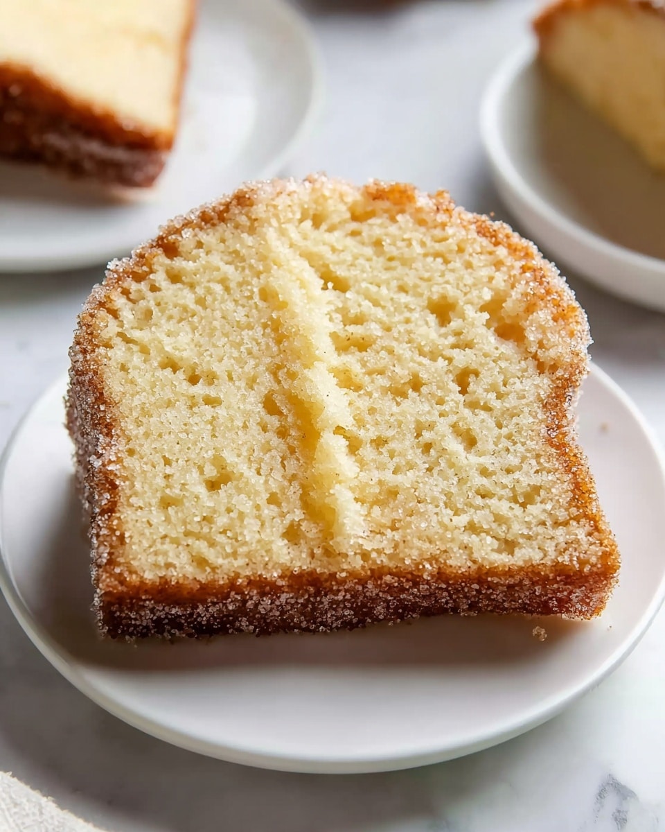 A single slice of soft yellow cake sits on a white plate over a white marbled surface. The cake has a light brown crust with a fine, sugary coating sprinkled on top, especially along the rounded edges. The inside texture looks moist and fluffy with small air holes throughout, and there is a faint line of cinnamon sugar slightly dividing the cake vertically from top to bottom. In the blurry background, parts of two other slices of the same cake are visible on white plates. Photo taken with an iphone --ar 4:5 --v 7