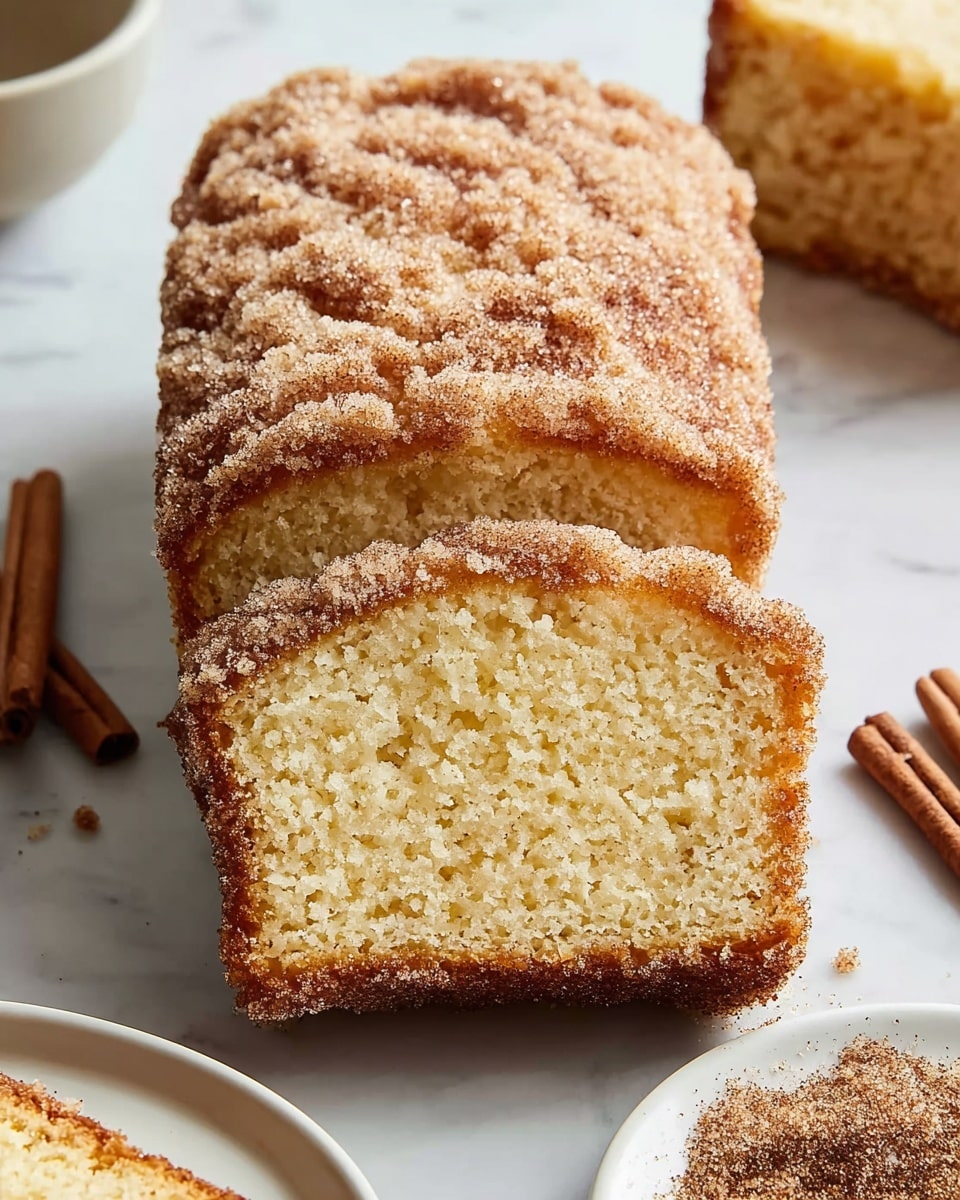 A close-up view of a sliced loaf cake with one large slice cut at the front, displaying a soft, light beige crumb texture inside. The top layer of the cake has a thick coating of mixed cinnamon sugar creating a textured, grainy golden-brown crust. Part of another slice is visible at the bottom left on a white plate, and cinnamon sticks and a sprinkle of cinnamon sugar are scattered on a white marbled surface to the right. Photo taken with an iphone --ar 4:5 --v 7