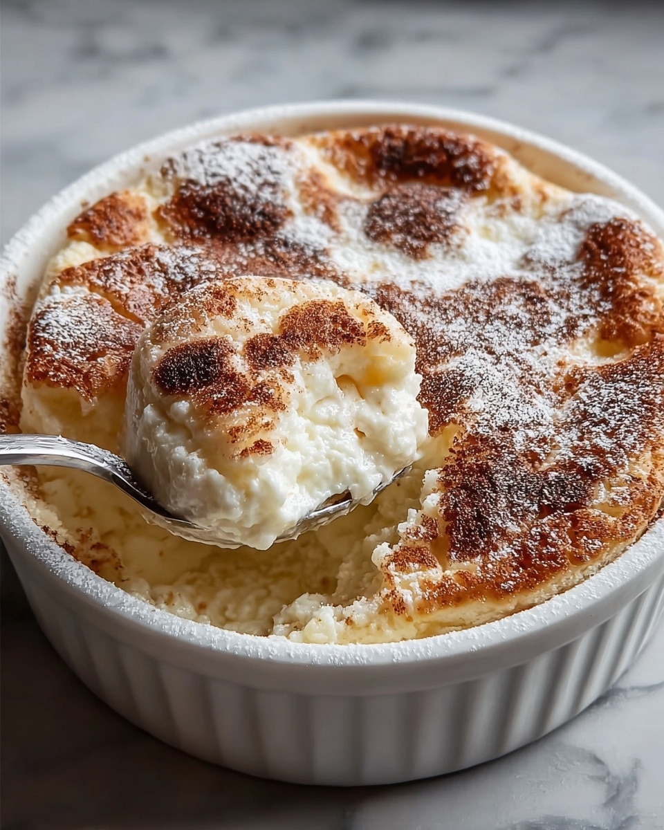 A round white ceramic dish filled with a fluffy baked dessert that has a golden brown top dusted with white powdered sugar and darker brown cinnamon powder in spots. The surface shows a soft, bubbly texture, and a spoon is scooping out a portion from the side, revealing a light, smooth, and creamy white inside beneath the browned top layer. The dish sits on a white marbled surface. photo taken with an iphone --ar 4:5 --v 7