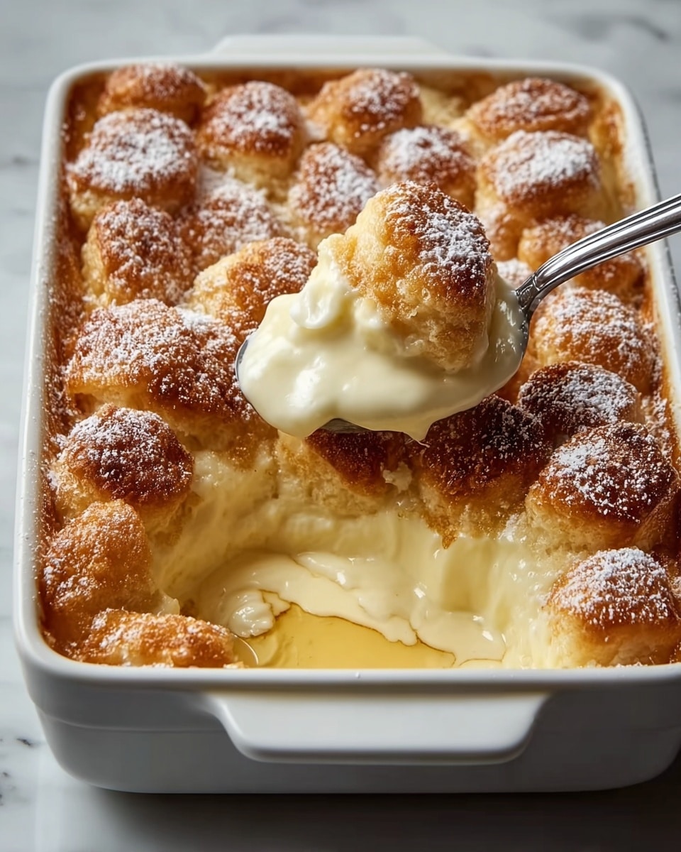The image shows a white rectangular baking dish filled with a dessert that has about two layers. The top layer is made of golden-brown, fluffy baked dough pieces that are slightly uneven and have a light dusting of powdered sugar. Underneath, there is a creamy, smooth, pale yellow layer that looks soft and thick. A spoon is scooping out part of the creamy layer from the dish, showing the soft texture of the bottom part, with some syrup or sauce pooling around the edges. The dish is placed on a white marbled surface. Photo taken with an iphone --ar 4:5 --v 7