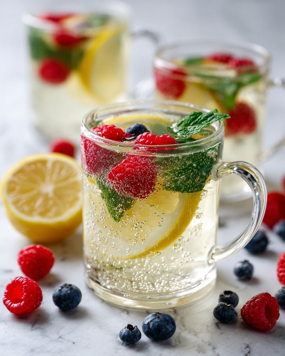 The image shows a clear glass mug filled with a light yellow drink. Inside the mug, there are three red raspberries floating near the top, a lemon slice pressed against the side, and green mint leaves spread in the middle and top layers. The drink appears fizzy with small bubbles visible. Around the mug on the white marbled surface, there are scattered fresh raspberries and blueberries, along with a lemon half. In the background, two more similar mugs with the same drink and garnishes are slightly out of focus. photo taken with an iphone --ar 4:5 --v 7