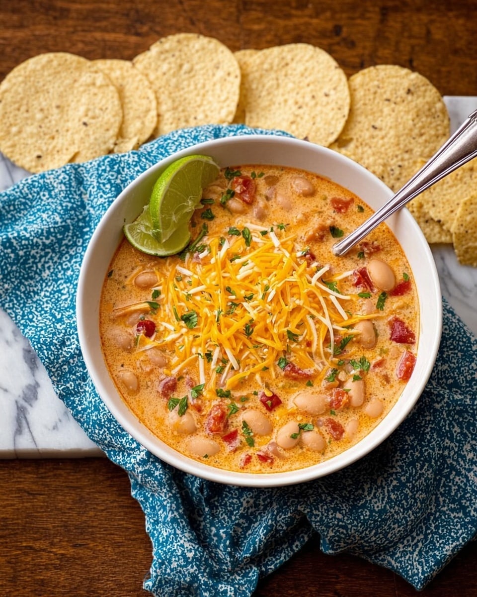 A white bowl filled with creamy chili made of pale beans, chunks of red tomatoes, and small pieces of meat in an orange sauce, topped with a heap of shredded yellow cheddar cheese, chopped green herbs, and a green lime wedge on one side. A silver spoon rests inside the bowl. The bowl sits on a folded blue patterned cloth on a wooden table, surrounded by a curved line of round, light tan tortilla chips with a rough texture. The background is a white marbled texture. Photo taken with an iphone --ar 4:5 --v 7