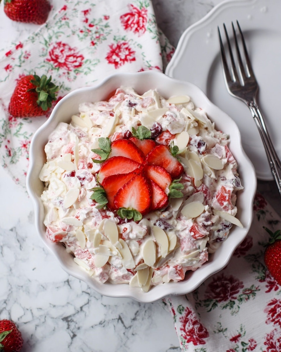 The dish is served in a white scalloped bowl filled with a creamy salad made of small chopped red strawberries mixed with white cream and small dark raisins, creating a white and red textured mix. On top, there is a decoration of thinly sliced strawberry fanned out with green leaves still attached, surrounded by scattered thin pale almond slices. The bowl is placed on a white marbled surface, next to a fork on a white plate and a cloth with a white and red floral pattern. photo taken with an iphone --ar 4:5 --v 7
