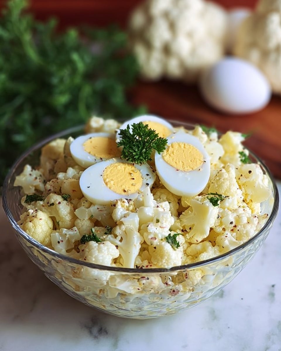 The image shows a clear glass bowl filled with a cauliflower salad mixed with a creamy dressing, topped with two slices of hard-boiled egg and small green parsley leaves in the center. The cauliflower pieces are small, light yellow to off-white, and coated with a creamy texture, speckled with small black pepper bits. The bowl sits on a white marbled surface, with blurred white cauliflower, whole eggs, and green parsley in the soft-focused background. photo taken with an iphone --ar 4:5 --v 7