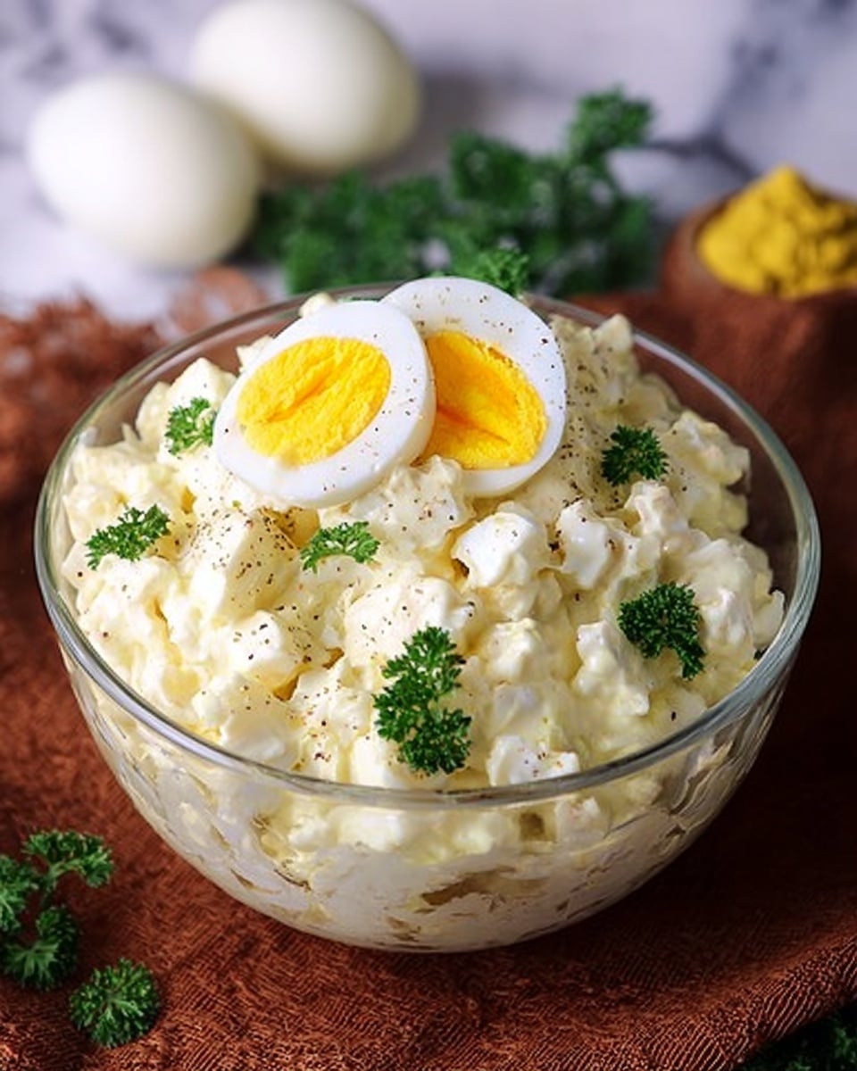 A clear glass bowl filled with creamy egg salad that has a pale yellow and white texture, topped with two halves of a hard-boiled egg showing bright yellow yolks and white edges, garnished with small sprigs of green parsley. The bowl sits on a rustic brown cloth with blurred white boiled egg halves and yellow mustard in the background, all placed on a white marbled surface. The overall look is fresh and simple with soft lighting. photo taken with an iphone --ar 4:5 --v 7