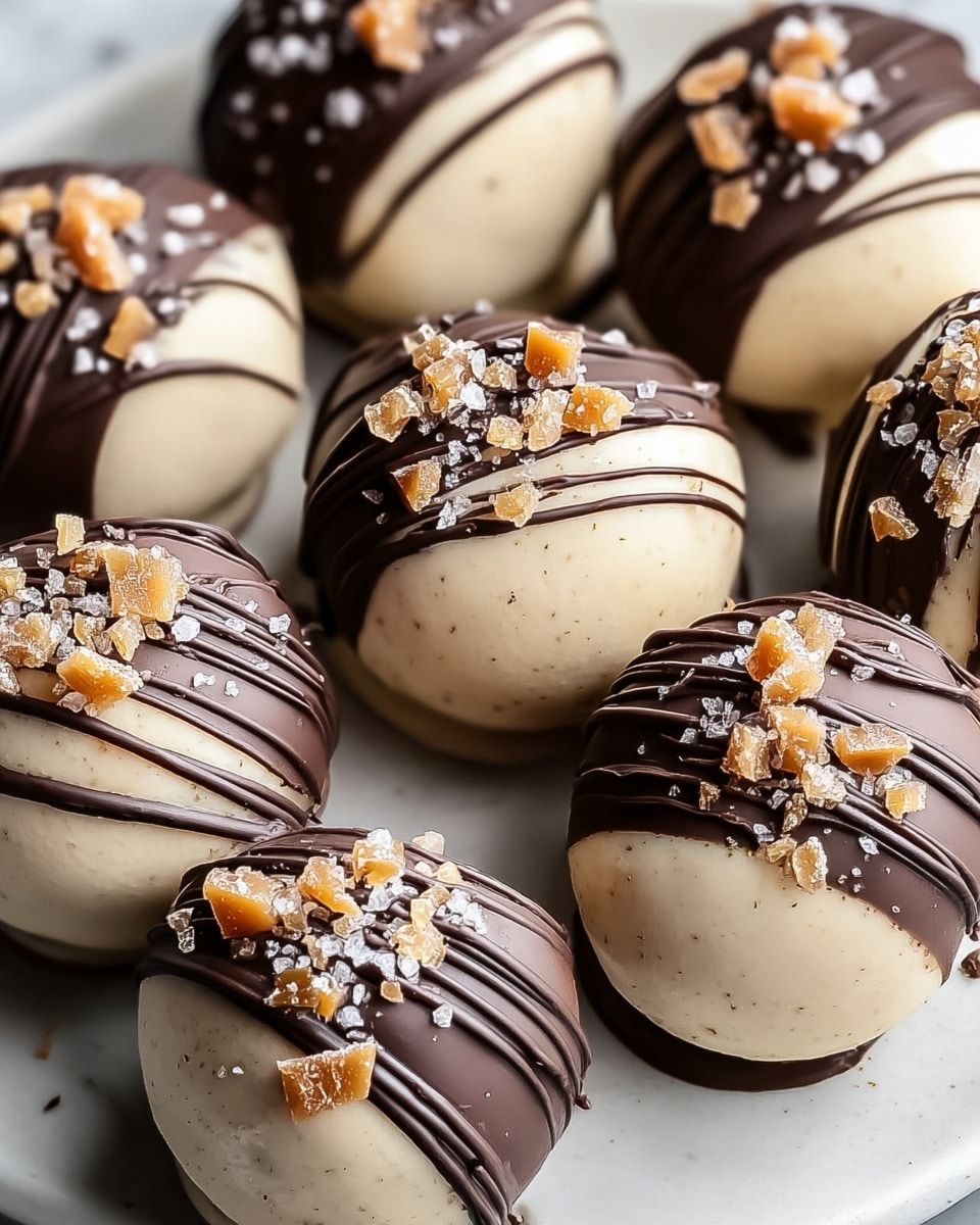 The image shows round treats with two layers: the base is a smooth, creamy off-white layer, topped with a dark, shiny chocolate layer that covers about half of each ball. Each treat is decorated with thin, dark chocolate drizzles across the creamy part and sprinkled with small pieces of caramel and coarse white salt on top of the dark chocolate area. The treats are arranged closely together on a white plate with a white marbled texture surface underneath, giving a clean and elegant look. Photo taken with an iphone --ar 4:5 --v 7