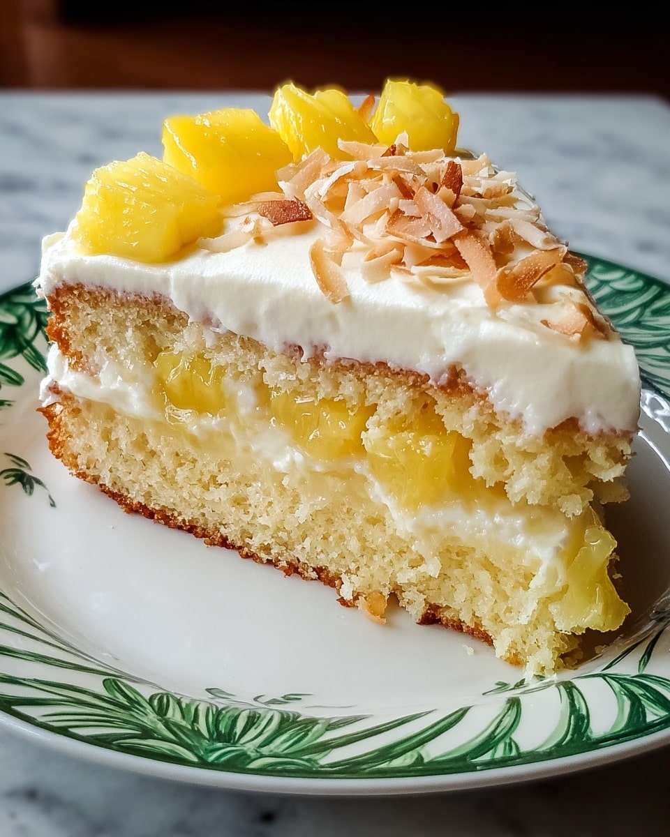 A round cake with two visible layers sits on a white plate with a green leaf pattern. The bottom layer is a thick, crumbly golden-brown crust. On top is a creamy, thick white layer that drips slightly down the sides. The top surface is decorated with triangular pieces of bright yellow pineapple arranged in a circle along the edge. Inside the circle are small dollops of white cream and scattered toasted golden-brown coconut flakes. The background is a white marbled texture. Photo taken with an iphone --ar 4:5 --v 7