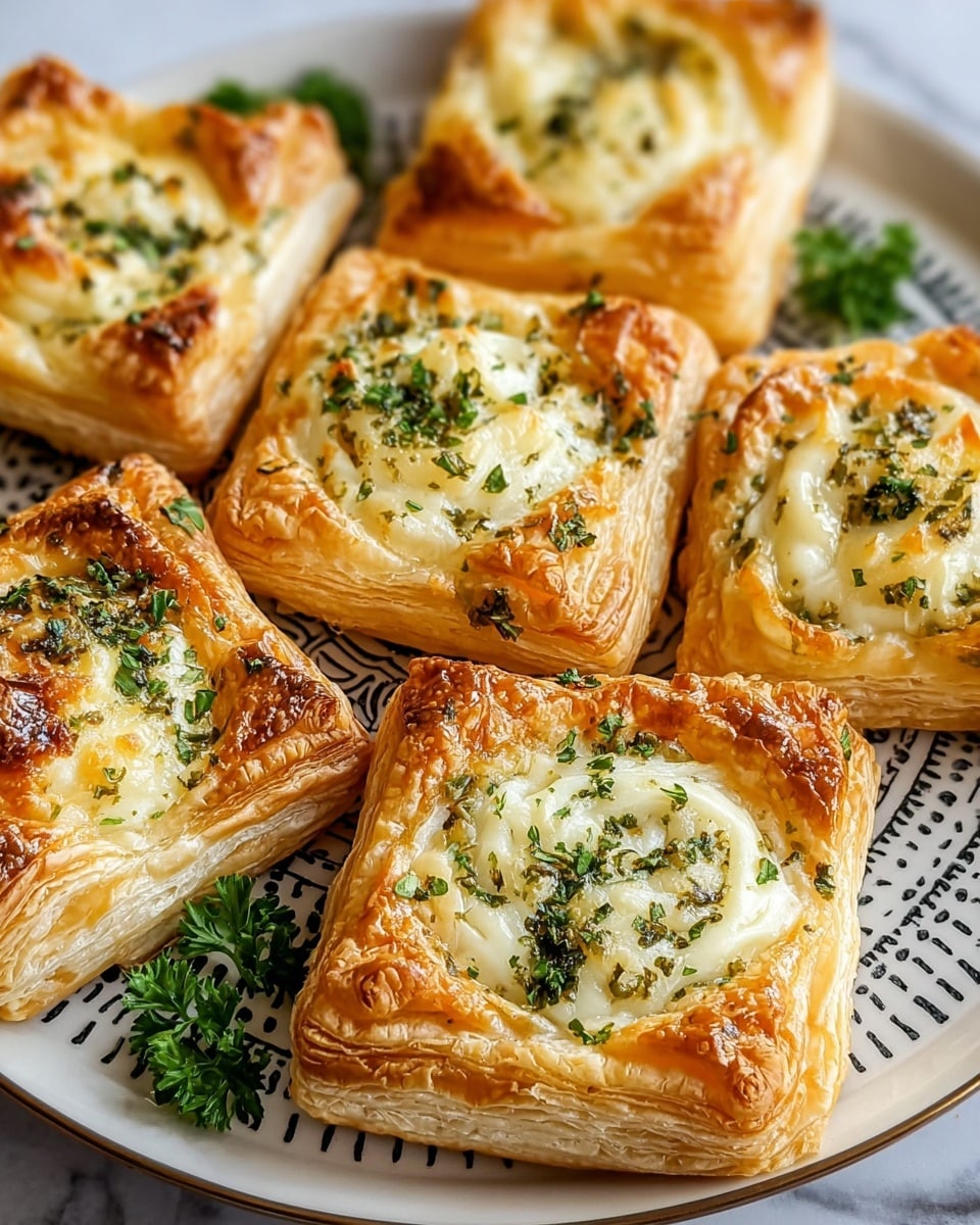 The image shows seven square puff pastry tarts arranged closely on a round white plate with black pattern details. Each tart has multiple golden-brown, flaky layers forming the crust, with puffed edges. Inside, there is a thick, creamy filling topped with melted cheese that is slightly browned and bubbly. Small green herb flakes and chopped fresh parsley leaves are sprinkled over the cheese and around the plate, giving a fresh touch. The background features a white marbled texture. photo taken with an iphone --ar 4:5 --v 7