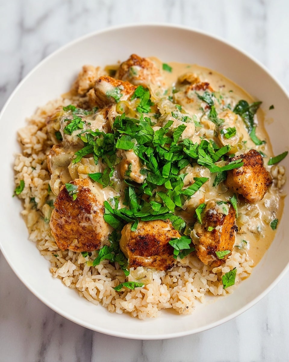 A white plate holds a dish with three main layers: at the bottom is a bed of light brown cooked rice with a soft texture, in the middle are grilled chicken pieces with a brown, slightly charred surface, and on top is a creamy coconut curry sauce with chopped onions and green basil leaves scattered over the chicken and sauce, adding fresh green color. The white marbled background adds a clean look to the image. Photo taken with an iphone --ar 4:5 --v 7
