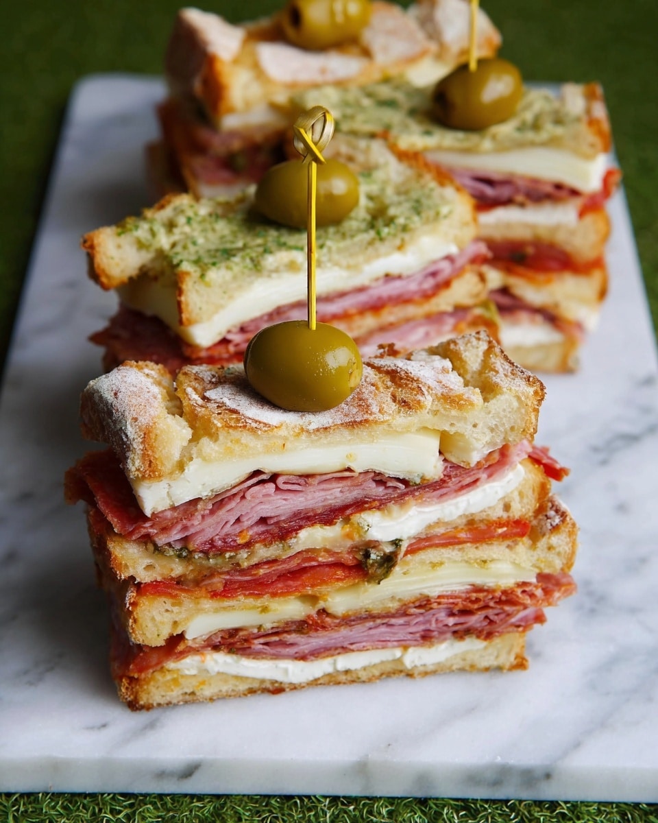 There are six sandwich pieces arranged on a white marble board. Each sandwich has four visible layers between two golden-brown crusty bread halves dusted with flour. The bottom layer has several thin slices of pink and reddish cured meats, followed by a layer of thin red tomato slices. Above this is a thick slice of creamy white cheese, topped with a greenish spread with bits of herbs. Each sandwich piece is held together with a yellow toothpick top with a green olive. The background has a soft green grass texture. Photo taken with an iphone --ar 4:5 --v 7