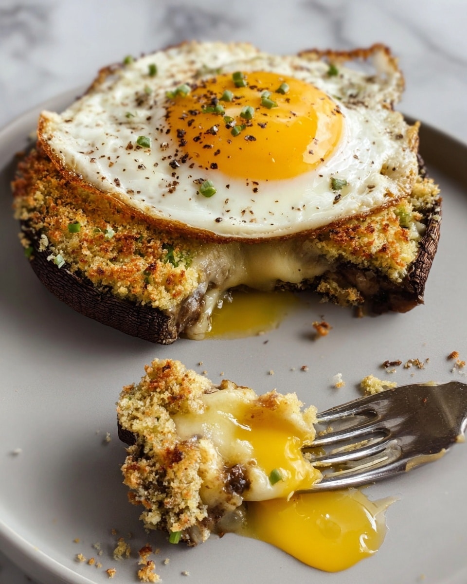 The dish shows a baked portobello mushroom base that is dark brown with a slightly wrinkled texture, topped with a thick layer of golden-brown, crispy breadcrumb and herb mixture; above this is a sunny side up egg with a bright yellow runny yolk and a white, gently cooked egg white sprinkled with black pepper and small green herbs. A cut piece of the mushroom stack lies nearby, revealing the juicy mushroom base and the creamy, slightly browned topping inside. The dish rests on a white plate, placed on a white marbled surface, with a fork near the cut piece showing some egg yolk and crumbs on it. Photo taken with an iphone --ar 4:5 --v 7