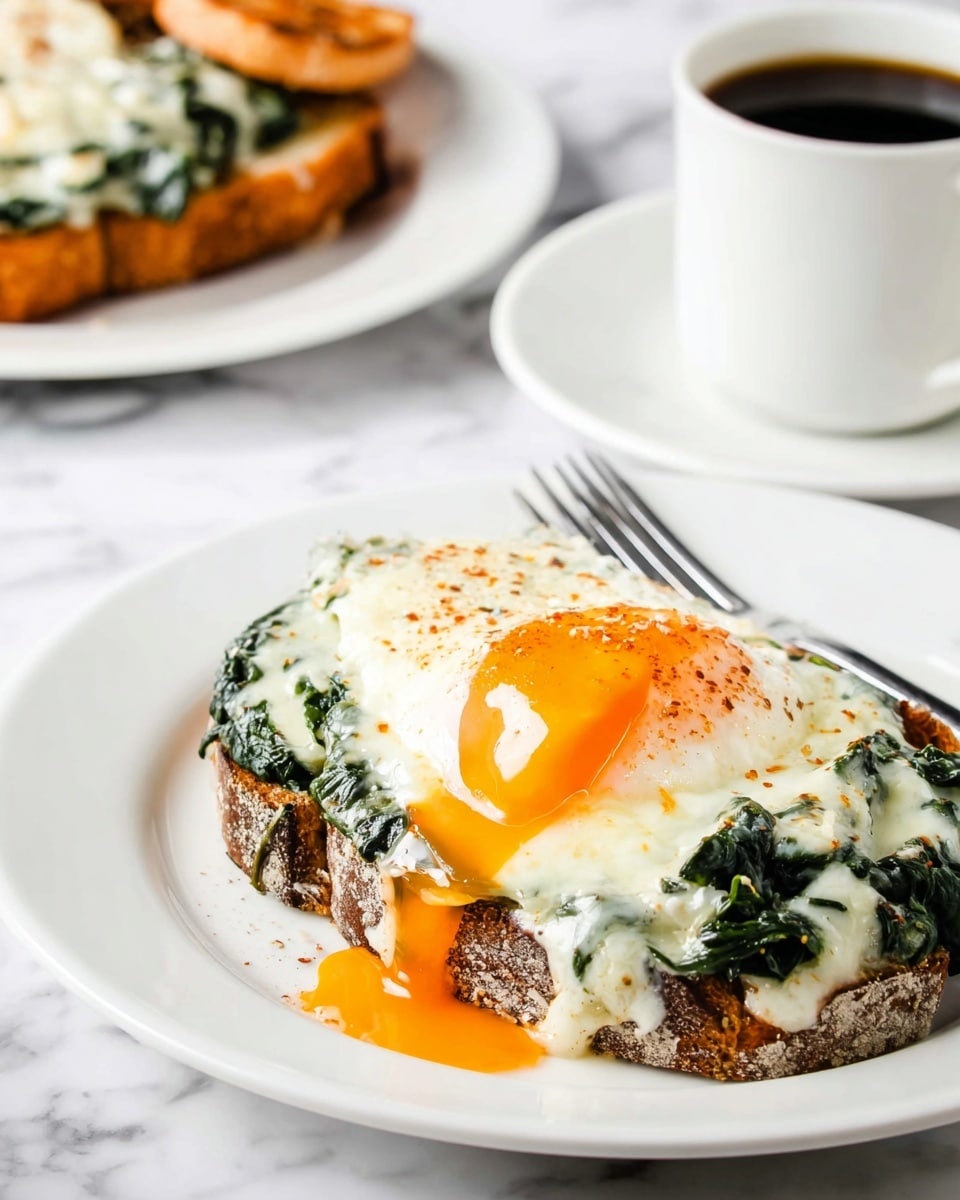 A white plate holds a round slice of toasted bread with a brown crust and light golden-brown crisp surface. On top, there is a layer of cooked spinach covered in melted white cheese sauce. A fried egg with a bright orange runny yolk and slightly cooked white rests on the spinach, with yolk spilling over the side. In the background, there is another plate with toasted bread and a white cup filled with black coffee on a white marbled surface. A fork lies on the edge of the plate in the foreground. photo taken with an iphone --ar 4:5 --v 7
