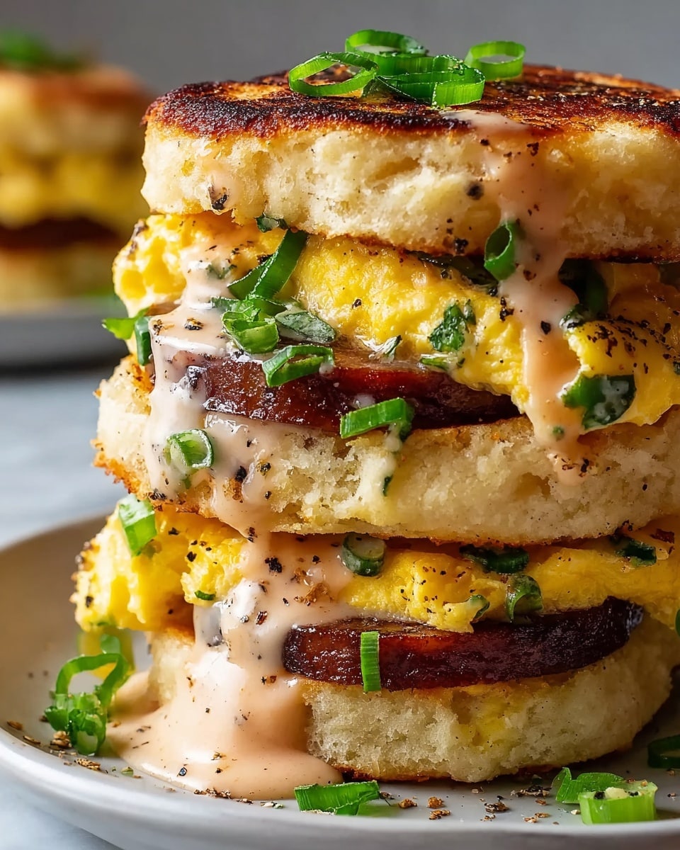 The image shows a close-up of two stacked breakfast sandwiches on a white plate, set on a white marbled surface. Each sandwich has three main layers: a thick, golden-brown grilled biscuit on the top and bottom with a soft and crumbly texture, a middle layer of folded, fluffy yellow scrambled eggs with small green herb bits mixed in, and a thick slice of dark, crispy sausage in between. There is a drizzle of creamy, light pink sauce with visible black pepper bits dripping down the sides of the sandwiches, garnished with thin slices of fresh green onion scattered on top and within the sandwich layers. Photo taken with an iphone --ar 4:5 --v 7