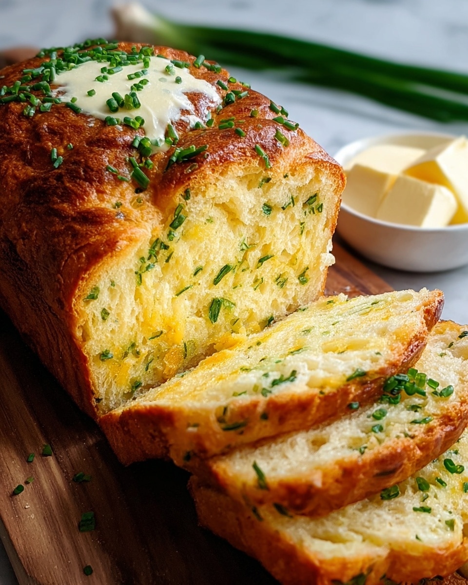 A loaf of golden-brown bread with a crispy crust is sliced, showing a soft, light yellow interior with small green chive pieces spread evenly throughout. The top of the loaf and the slices are topped with a smooth dollop of melted butter and sprinkled fresh green chives. The bread sits on a wooden board with a white bowl of butter cubes and two green onions blurred in the white marbled background. Photo taken with an iphone --ar 4:5 --v 7