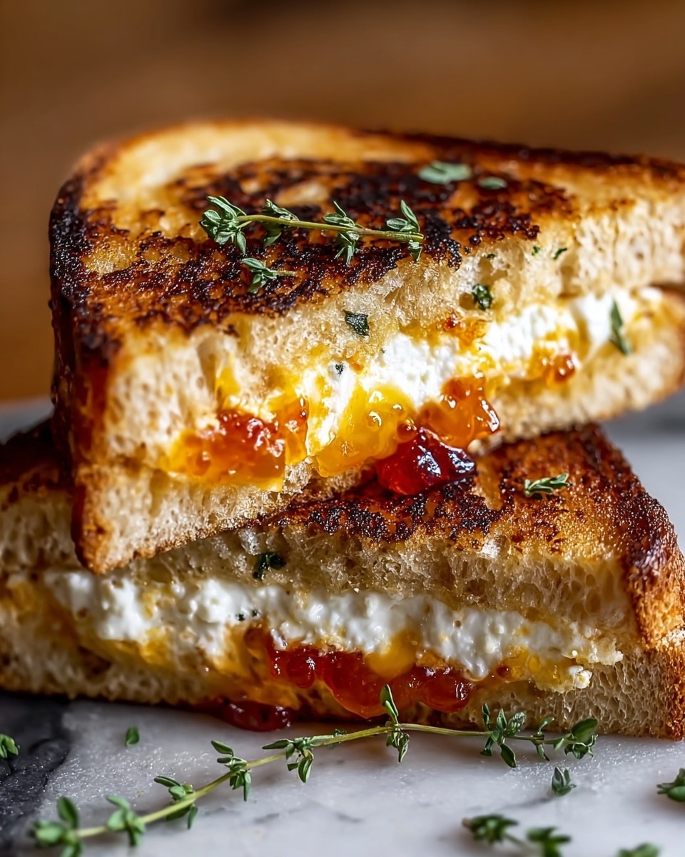 The image shows a grilled sandwich cut diagonally in half and stacked. The sandwich has two thick, golden-brown toasted bread slices with a slightly crispy texture and darker charred spots on the crust. Inside, there are two layers: a bright orange, glossy jam or marmalade spread on both slices and a fluffy white layer of cheese with a creamy, textured look. Small fresh green herb sprigs are placed within the filling and on the white marbled surface beneath the sandwich, with some jam dripping out slightly from the middle. photo taken with an iphone --ar 4:5 --v 7