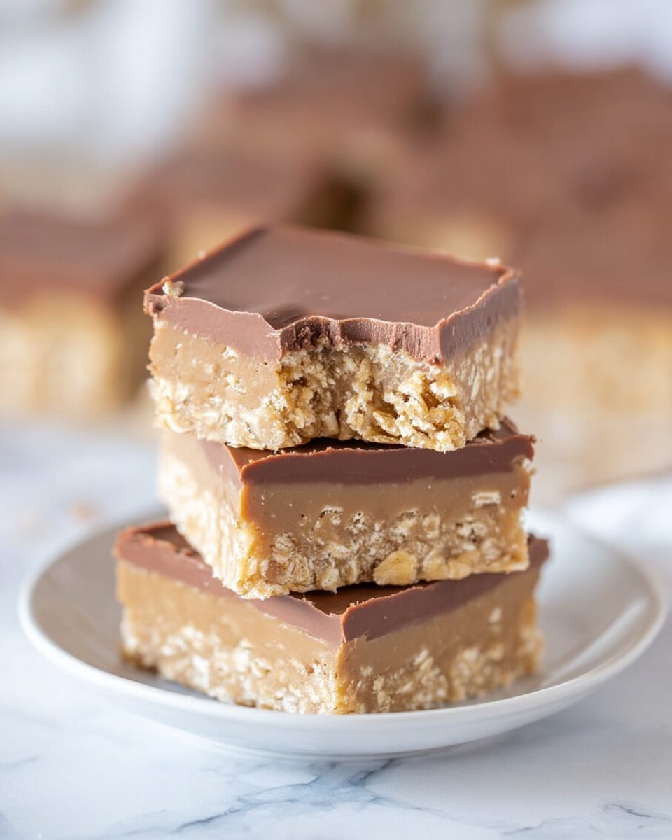 The image shows a stack of three square dessert bars on a white plate, placed on a white marbled surface. Each bar has two layers: the bottom layer is thick, beige with a crumbly and soft texture mixed with small oat pieces, while the top layer is a smooth, glossy milk chocolate with a slight shine and clean edges. The top bar has a bite taken from its front edge, revealing the inner crumbly oat layer and the thick chocolate layer above it. The background is softly blurred, focusing on the detailed texture of the bars in the front. Photo taken with an iphone --ar 4:5 --v 7