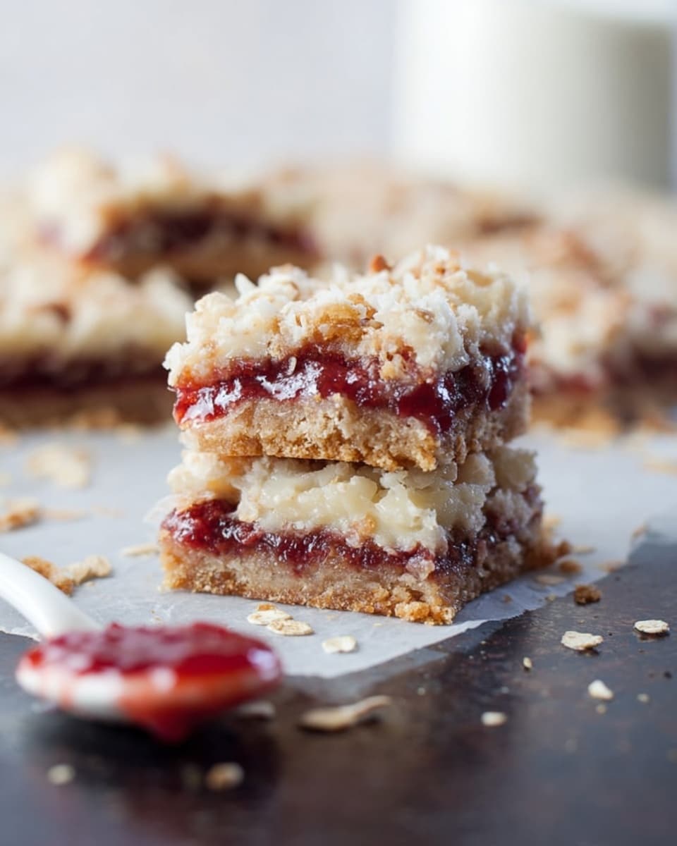 The image shows two dessert bars stacked on top of each other on a dark surface. Each bar has three visible layers: a bottom layer of light golden brown crumbly crust, a middle layer of dark red jam that looks sticky and thick, and a top layer that is creamy white with a rough texture, likely shredded coconut or oats mixed with a light batter. Around the bars, there are small crumbs and oats scattered. In the foreground, a white spoon with red jam on it lies blurred on the white marbled surface. The background is softly blurred, showing more bars and a white container. photo taken with an iphone --ar 4:5 --v 7