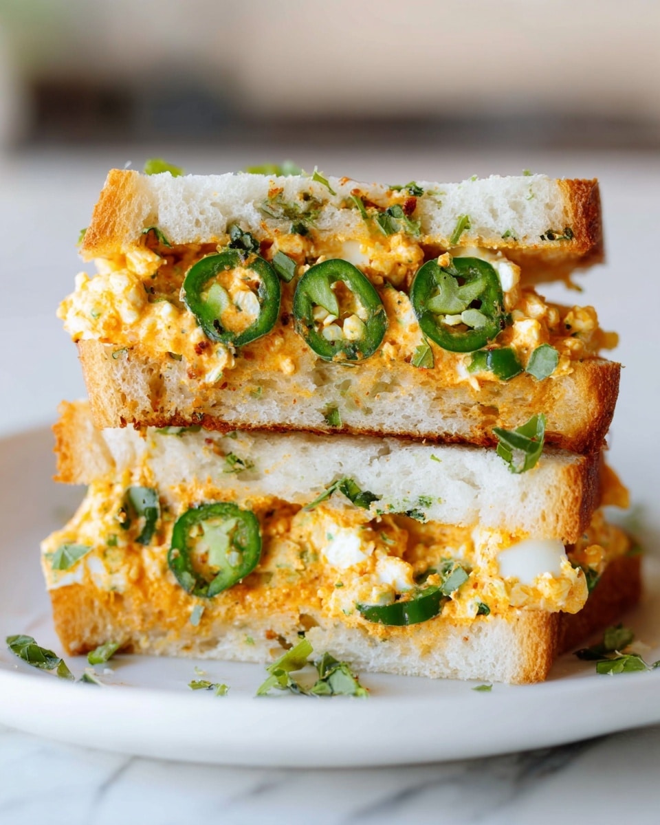 Two thick open-faced sandwiches stacked on a white plate with a white marbled background, each sandwich has three visible layers: the bottom layer is soft white bread with a golden crust, the middle layer consists of sliced green jalapeños and chopped green herbs, and the top layer is a creamy orange spread mixed with finely chopped white pieces of boiled egg and green herbs, lightly browned on top. The top sandwich is tilted slightly backward, showing the layers clearly. Photo taken with an iphone --ar 4:5 --v 7