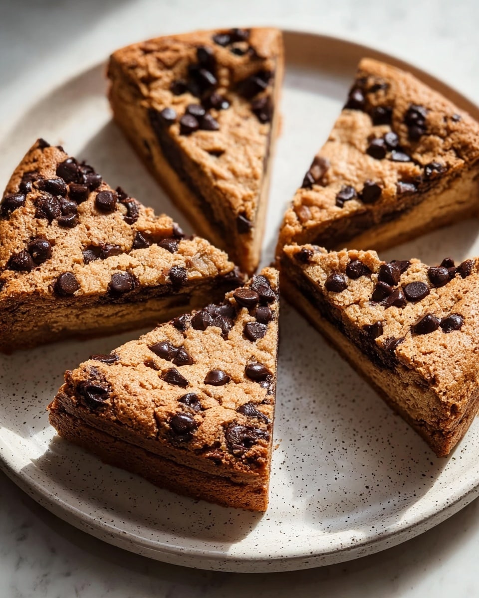 Four thick triangular slices of chocolate chip cookie cake are arranged on a white plate with a light speckled texture. Each slice shows a golden-brown crust with a cracked surface dotted generously with dark melted chocolate chips. The cookie cake layers are dense and chewy, with the chocolate chips embedded throughout the interior and topping. The plate sits on a white marbled texture surface, and natural light softly highlights the warm tones and textures of the cookie cake. photo taken with an iphone --ar 4:5 --v 7