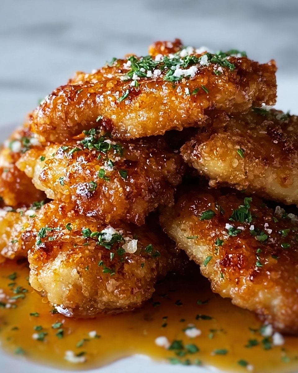 The image shows a close-up of a stack of several golden-brown, crispy fried chicken pieces with a crunchy texture. The pieces are coated with a shiny, glaze-like sauce that pools slightly underneath, creating a glossy appearance. The chicken is sprinkled with finely chopped green herbs and small flakes of white seasoning, adding color contrast on top. The background features a white marbled texture surface. photo taken with an iphone --ar 4:5 --v 7