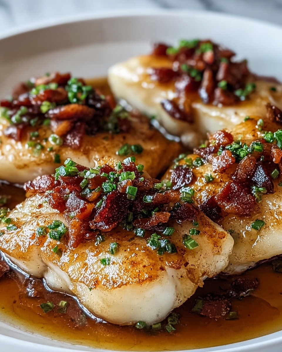 The image shows a close-up of three pieces of golden-brown cooked fish arranged overlapping on a white plate. Each fish piece is topped with small, crispy bits of dark reddish-brown bacon and sprinkled with finely chopped green herbs. The fish glistens with a shiny, brown sauce pooled on the plate beneath. The background has a smooth, white marbled texture, highlighting the textures and colors of the fish and toppings. photo taken with an iphone --ar 4:5 --v 7