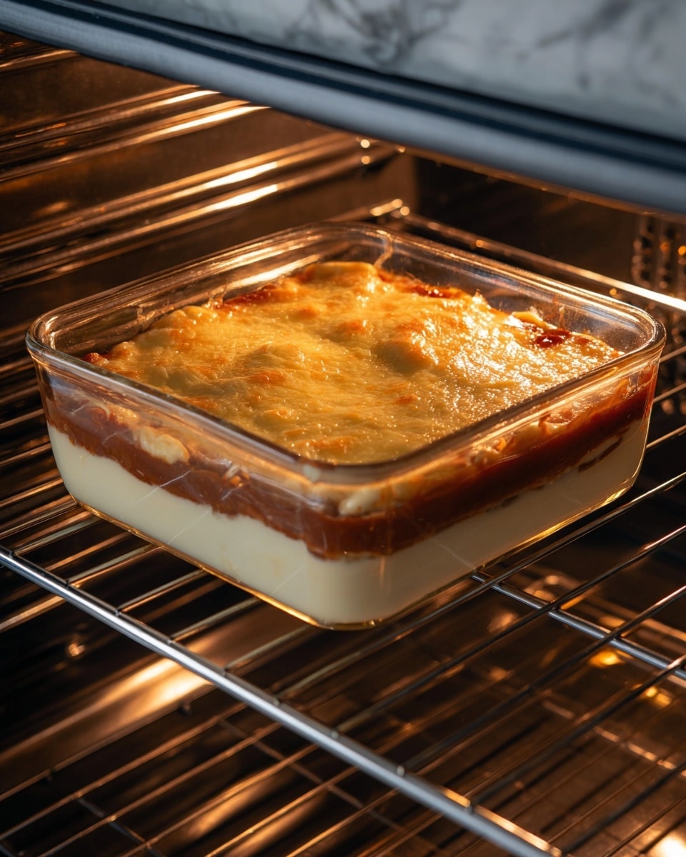 A transparent glass square baking dish with three visible layers sits inside a metal oven rack. The bottom layer is creamy white, smooth, and thick. The middle layer is a rich reddish-brown sauce, thick and spread evenly just above the bottom layer. The top layer is a melted cheese layer, golden yellow with some brown spots, bubbly and slightly browned around the edges. The glass dish shows the layers clearly from the side, and warm light from the oven glows on the surface of the cheese. The oven has a shiny metal interior and the background is a white marbled texture. photo taken with an iphone --ar 4:5 --v 7