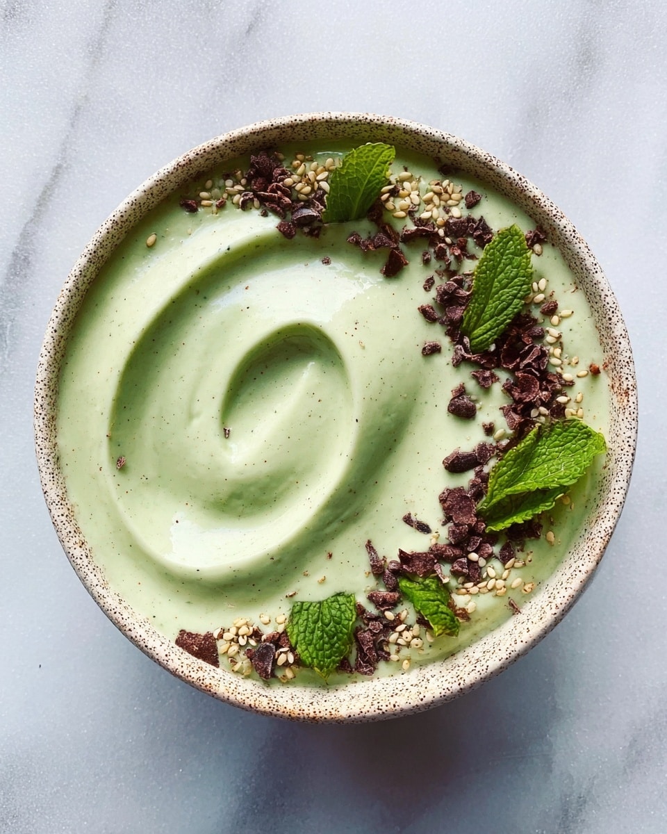 A speckled bowl filled with a smooth, thick swirl of light green smoothie cream covering most of the bowl's interior. Along the top edge of the bowl, there is a curved layer of white creamy liquid partially mixed into the green base, decorated with small dark brown cocoa nib pieces, small bright green fresh mint leaves, and tiny light beige sesame seeds sprinkled evenly. The bowl is set on a white marbled surface, creating a clean, fresh background. photo taken with an iphone --ar 4:5 --v 7