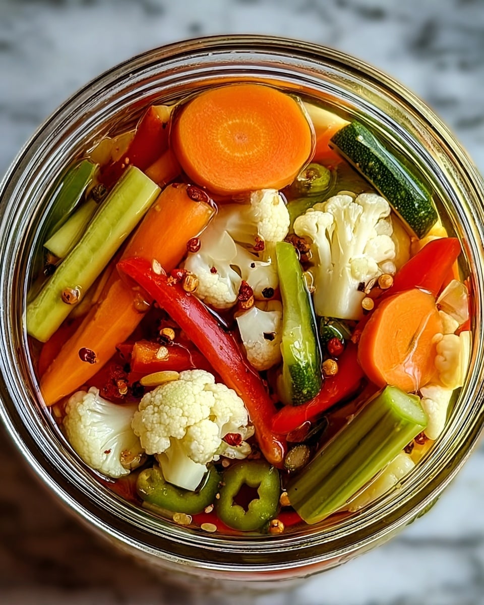 A clear glass jar filled with colorful pickled vegetables is shown from above, resting on a white marbled surface. The top layer contains bright orange carrot slices, white cauliflower florets, green cucumber slices, red bell pepper strips, and green celery sticks, all submerged in a clear liquid with visible pepper flakes scattered throughout. The vegetables are arranged in a mixed and dense pattern, creating a vibrant, fresh look with varied shapes and textures visible through the jar. The jar's metal rim is shiny, adding a clean and fresh detail to the image. photo taken with an iphone --ar 4:5 --v 7