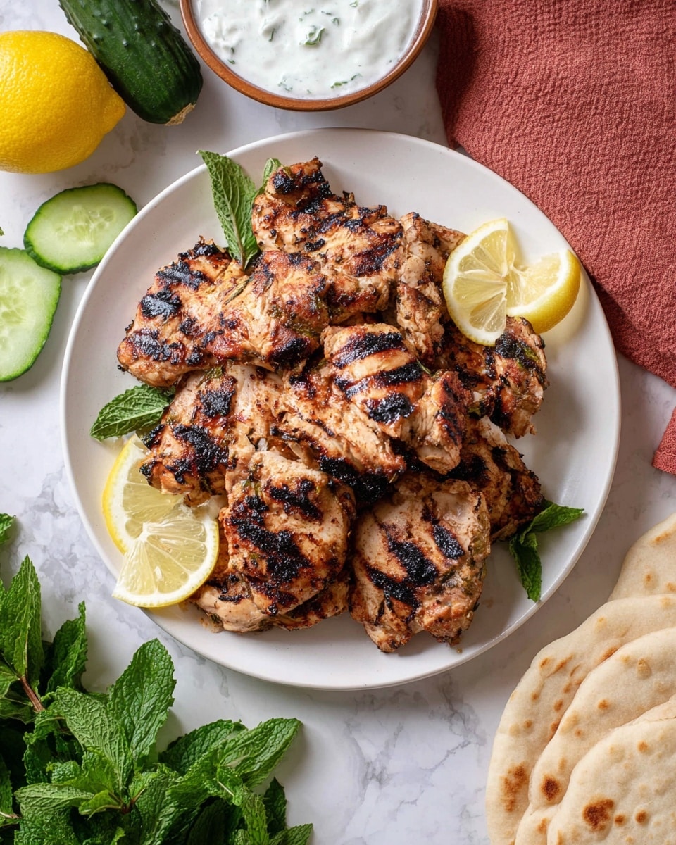 A white plate holds a pile of grilled chicken pieces, each with dark brown grill marks and a slightly charred texture, showing a mix of golden-brown and darker hues. Two thin lemon slices are placed partially under the chicken on opposite sides of the plate. Surrounding the plate on a white marbled surface are fresh green mint leaves on the bottom left, a cucumber near the top left, a halved lemon next to it, a small bowl of white creamy sauce with green herbs at the bottom right, and folded flatbreads on the top right corner. A folded reddish-brown cloth is near the top center. Photo taken with an iphone --ar 4:5 --v 7