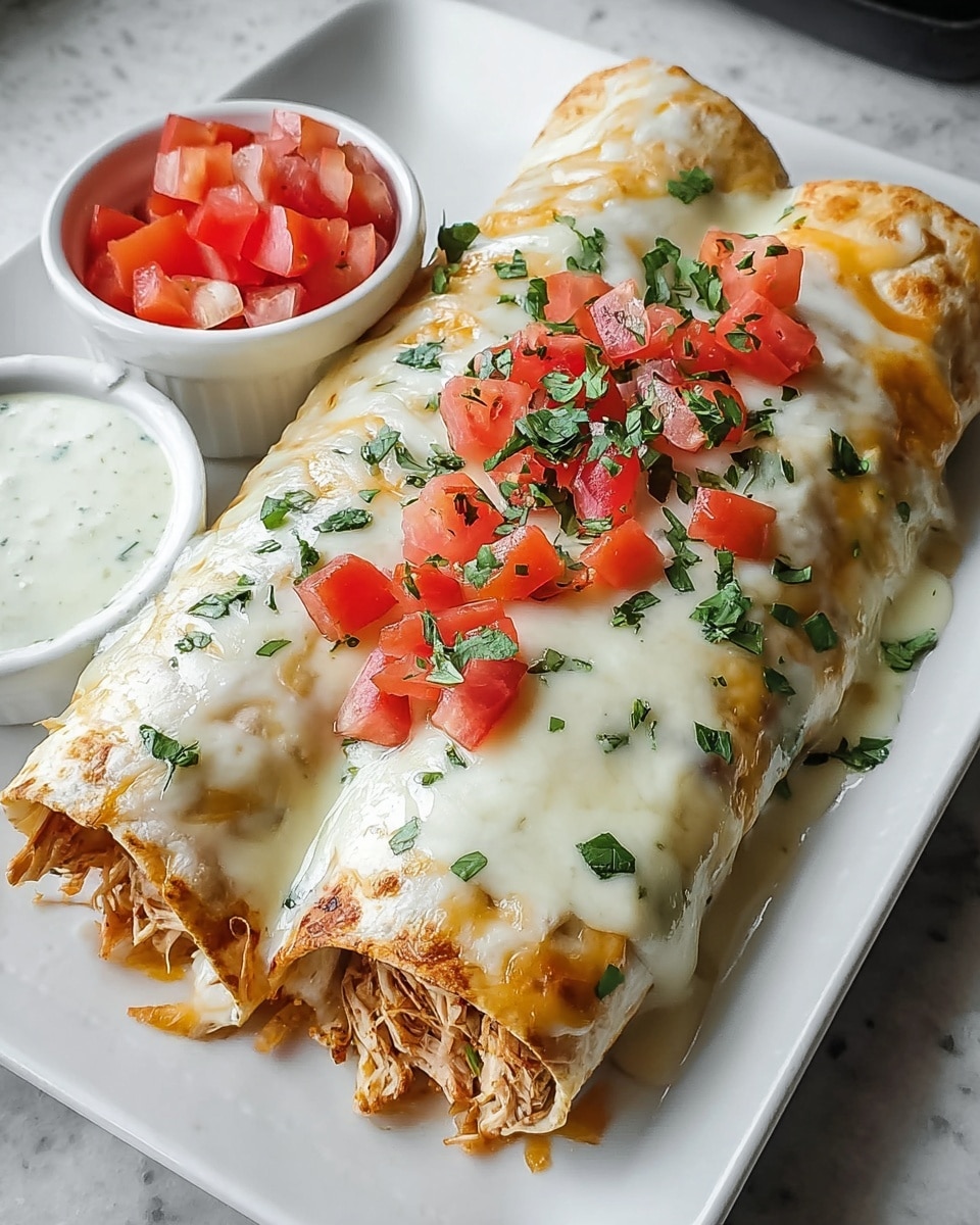 Two rolled tortillas filled with cooked shredded chicken and melted cheese form the base layer, placed side by side on a white rectangular plate. The tortillas are covered in a thick layer of white cheese sauce with light golden melted cheese drizzled over the top. On top of the cheese, there are small bright red diced tomato pieces and scattered green chopped cilantro, adding fresh color contrast. To the side, a small white ramekin holds a creamy white dressing garnished with a bit of green herb, next to a pile of more diced tomatoes. The plate sits on a white marbled surface, and a woman's hand is visible near the top right corner. Photo taken with an iphone --ar 4:5 --v 7