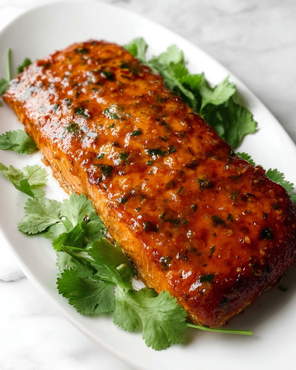 A rectangular piece of cooked salmon with a shiny, textured orange-brown glaze covers the entire top, showing small bits of herbs and seasoning inside. The salmon lies on a white plate, with some fresh green cilantro leaves placed around its upper right edge, contrasting with the rich glaze. The overall look is warm and inviting, set against a white marbled surface. photo taken with an iphone --ar 4:5 --v 7