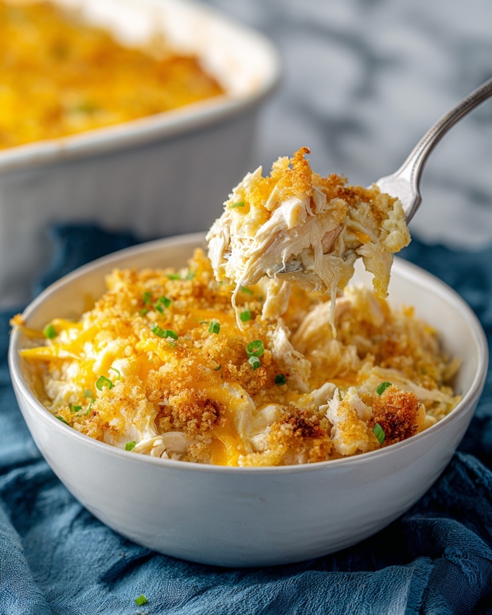 A close-up of a white bowl filled with a creamy, shredded chicken dish topped with melted yellow cheese and golden crispy breadcrumbs, accented with small green chive pieces. The texture shows stringy melted cheese intertwined with soft chicken, and the crispy breadcrumb topping adds a crunchy look. A silver fork lifts a portion from the bowl, showing the gooey texture and layers of chicken, cheese, and crumbs. The bowl sits on a blue fabric over a white marbled surface, with a blurred white baking dish in the background. photo taken with an iphone --ar 4:5 --v 7