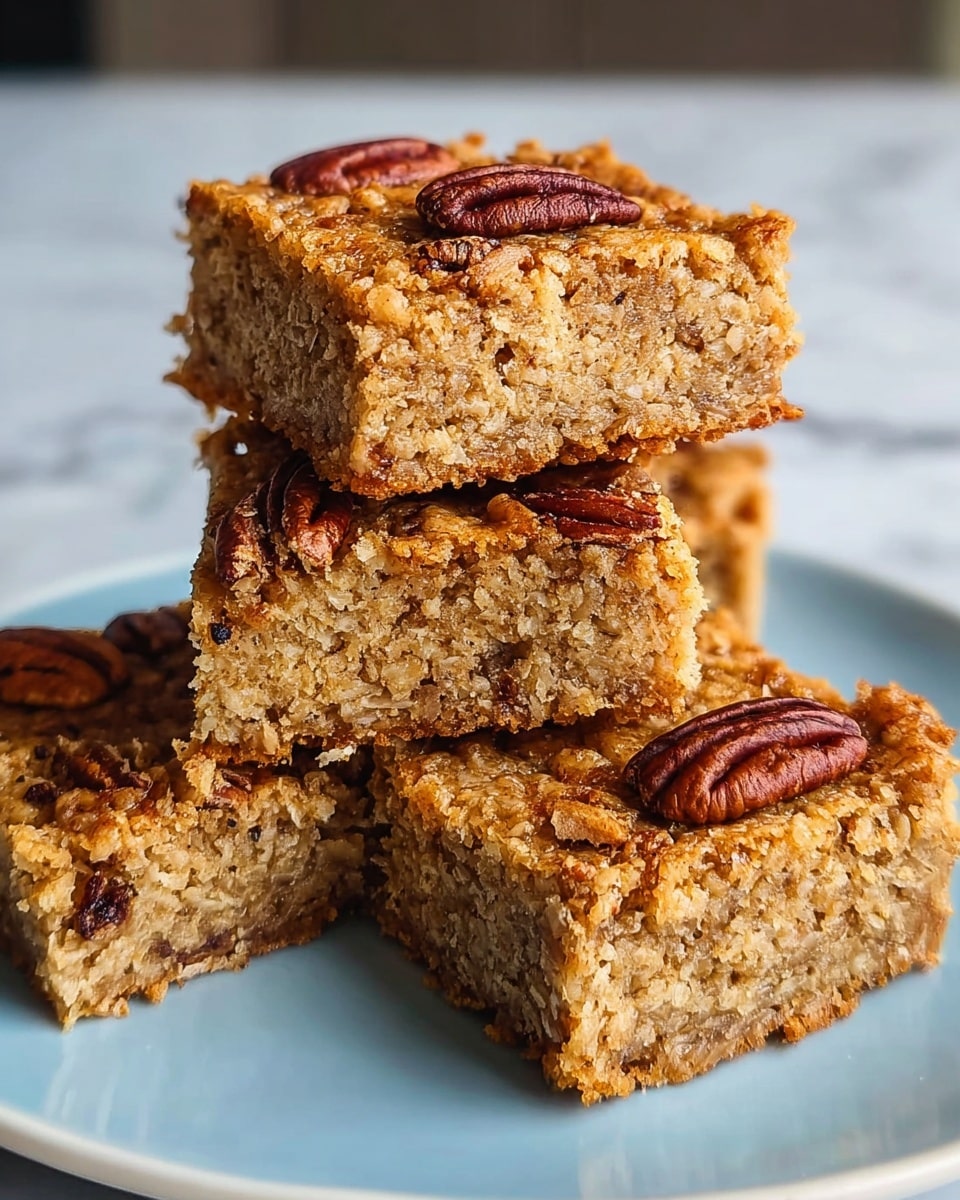The image shows four square oat bars stacked on a white plate with a light blue tint, each bar having a dense, crumbly texture with visible oats throughout. The top layer of each bar is light golden brown with a slightly crispy look, decorated with pecan halves embedded on the surface, giving a rich, nutty appearance. The sides of each bar reveal a moist, chewy inside that contrasts with the slightly crunchy exterior. The background features a white marbled texture, enhancing the warm, home-baked look of the bars. photo taken with an iphone --ar 4:5 --v 7