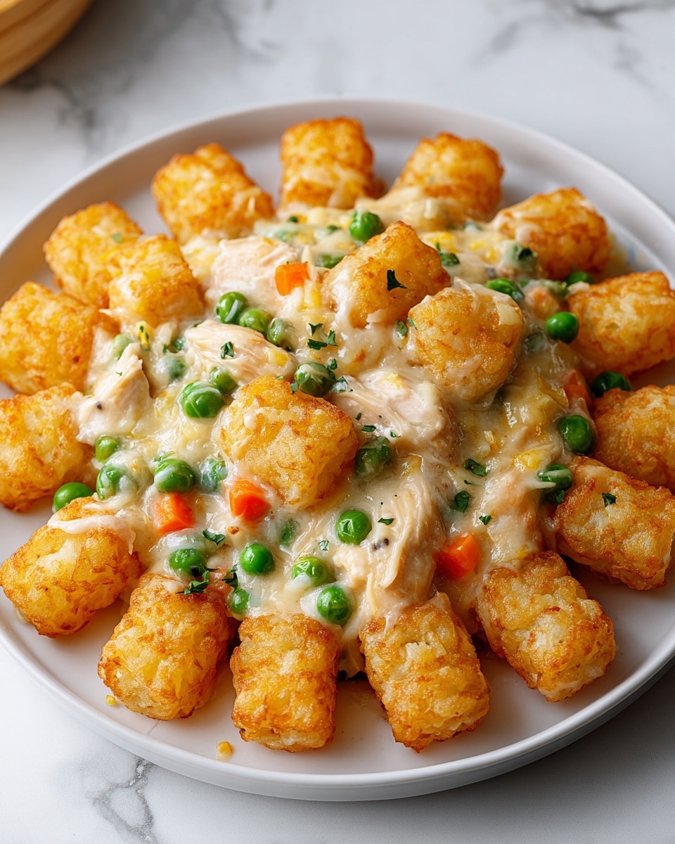 On a round white plate, there is a close-up view of a creamy dish with tater tots arranged around the edge. The tater tots are golden brown and crispy. Inside the circle, the creamy mixture has white and light beige chunks of chicken, bright green peas, and small orange carrot pieces. There are visible strings of melted cheese stretching between the chunks. The sauce is thick and creamy, coating the chicken and vegetables fully. The plate sits on a surface with a white marbled texture. Photo taken with an iphone --ar 4:5 --v 7