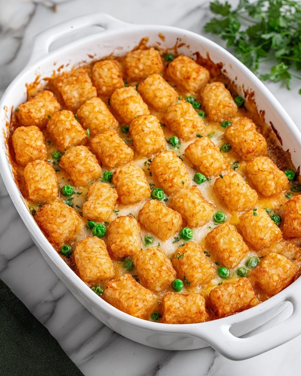 This dish is a baked casserole in a white ceramic dish with two handles. The top layer consists of golden-brown, crispy tater tot pieces arranged in a neat, grid-like pattern, covering the entire surface. Among the tater tots are scattered bright green peas adding a pop of color. Beneath the crispy tater tots, there is a melted cheese layer that looks creamy and slightly browned at the edges near the dish sides. The dish sits on a white marbled surface, and some fresh green herbs are partially visible in the background. Photo taken with an iphone --ar 4:5 --v 7
